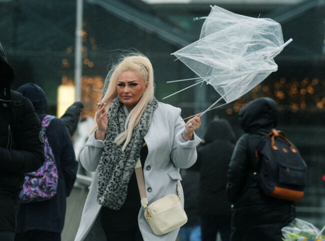 a-person-holding-an-umbrella-crosses-the-sean-ocasey-bridge-a-wet-and-windy-afternoon-in-dublin-as-a-status-orange-rain-warning-comes-into-effect-as-a-result-of-storm-claudia-picture-date-friday-no