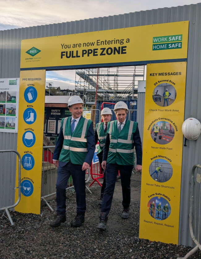 left-to-right-taoiseach-micheal-martin-minister-for-housing-james-browne-and-tanaiste-simon-harris-at-the-launch-of-the-new-action-plan-on-housing-and-homelessness-at-the-donore-development-in-dubl