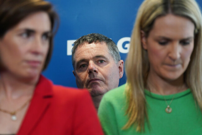 minister-for-public-expenditure-paschal-donohoe-during-a-doorstep-with-fine-gael-leader-simon-harris-at-the-clayton-hotel-in-galway-ahead-of-the-82nd-fine-gael-ard-fheis-picture-date-friday-april-5