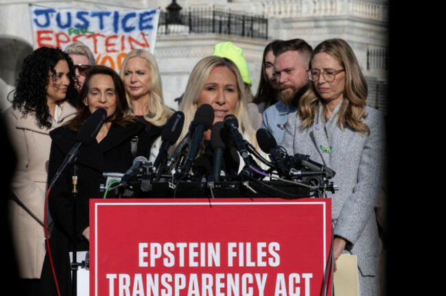 washington-district-of-columbia-usa-18th-nov-2025-rep-marjorie-taylor-greene-r-ga-speaks-alongside-epstein-abuse-survivors-and-lawmakers-during-a-news-conference-on-the-epstein-files-transpar