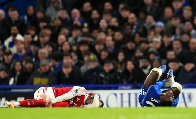 arsenals-mikel-merino-left-and-chelseas-moises-caicedo-react-after-a-challenge-by-caicedo-which-results-in-a-red-card-for-the-chelsea-player-following-a-var-check-during-the-premier-league-match-a