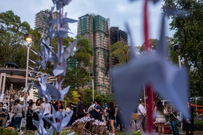 hong-kong-hong-kong-02nd-dec-2025-origami-crane-at-a-makeshift-memorial-near-wang-fuk-court-housing-complex-in-tai-po-following-a-deadly-fire-on-december-2-2025-in-hong-kong-photo-by-vernon-yue