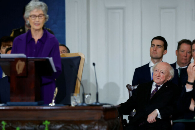 former-president-michael-d-higgins-listens-to-catherine-connolly-speaking-after-her-inauguration-ceremony-as-irelands-10th-president-in-dublin-castle-picture-date-tuesday-november-11-2025