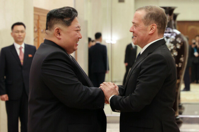 north-korean-leader-kim-jong-un-left-and-russian-security-council-deputy-chairman-and-the-head-of-the-united-russia-party-dmitry-medvedev-greet-each-other-during-their-meeting-in-pyongyang-north