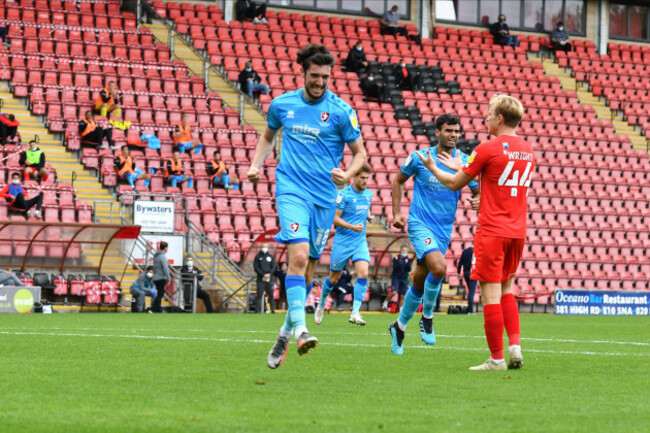 london-england-october-3rd-2020-finn-azaz-of-cheltenham-celebrates-after-scoring-his-teams-second-goal-during-the-sky-bet-league-2-match-between-leyton-orient-and-cheltenham-town-at-the-matchroom-s