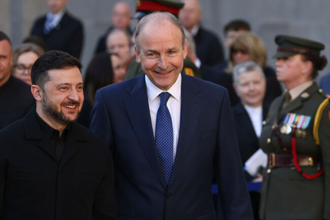 caption-corrects-spelling-of-name-ukraines-president-volodymyr-zelenskyy-left-is-greeted-by-irish-prime-minister-micheal-martin-upon-his-arrival-at-government-buildings-in-dublin-ireland-tuesday