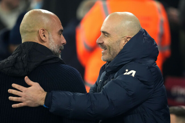 file-photo-dated-25-01-2025-of-chelsea-manager-enzo-maresca-right-and-manchester-city-manager-pep-guardiola-chelsea-head-coach-enzo-maresca-dismissed-as-100-per-cent-speculation-reports-that-he-c