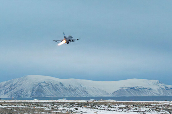a-north-american-aerospace-defense-command-f-16-fighting-falcon-fighter-aircraft-from-the-south-carolina-angs-169th-fw-takes-off-at-pituffik-space-force-base-greenland-oct-9-2025-operating-in-th