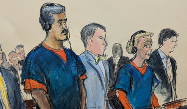 in-this-courtroom-sketch-venezuelan-president-nicolas-maduro-left-and-his-wife-cilia-flores-second-from-right-appear-in-manhattan-federal-court-with-their-defense-attorneys-mark-donnelly-second