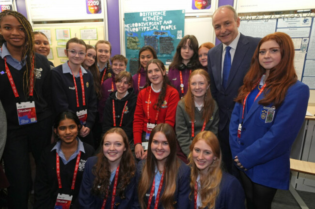 taoiseach-micheal-martin-with-students-during-his-visit-to-the-stripe-young-scientist-and-technology-exhibition-at-the-rds-in-dublin-picture-date-friday-january-9-2026