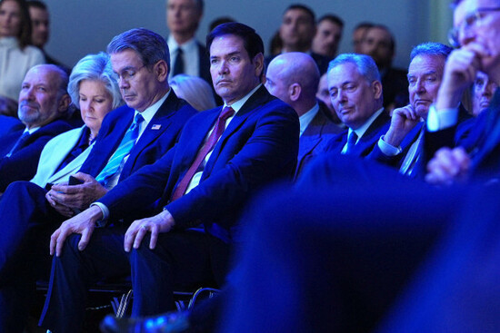 united-states-secretary-of-state-marco-rubio-center-sits-with-u-s-treasury-secretary-scott-bessent-third-left-and-white-house-chief-of-staff-susie-wiles-second-left-as-they-listen-to-the-addres