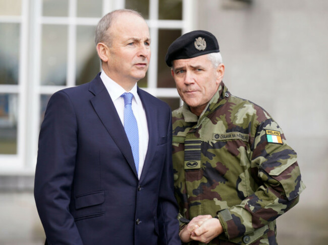 minister-for-defence-micheal-martin-and-chief-of-staff-of-the-irish-defence-forces-lieutenant-general-sean-clancy-review-the-men-and-women-of-the-123rd-infantry-battalion-at-kilkenny-castle-prior-t