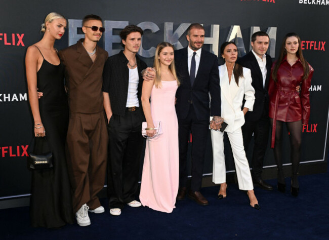 london-uk-october-3rd-2023-mia-regan-romeo-beckham-cruz-beckham-harper-beckham-david-beckham-victoria-beckham-brooklyn-beckham-and-nicola-peltz-beckham-arriving-at-the-beckham-premiere-curz