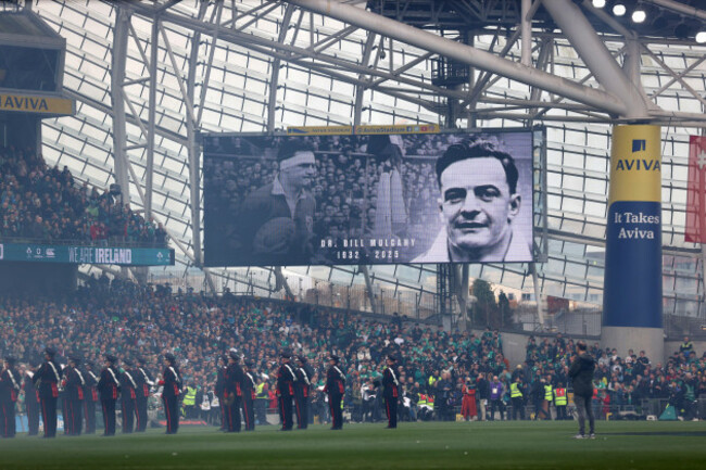 a-tribute-to-the-late-dr-bill-mulcahy-on-the-big-screen-ahead-of-the-guinness-mens-six-nations-match-the-aviva-stadium-dublin-picture-date-saturday-march-8-2025