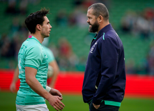 irelands-joey-carbery-left-speaks-with-ireland-head-coach-andy-farrell-on-the-pitch-ahead-of-the-autumn-international-match-at-the-aviva-stadium-in-dublin-ireland-picture-date-saturday-november