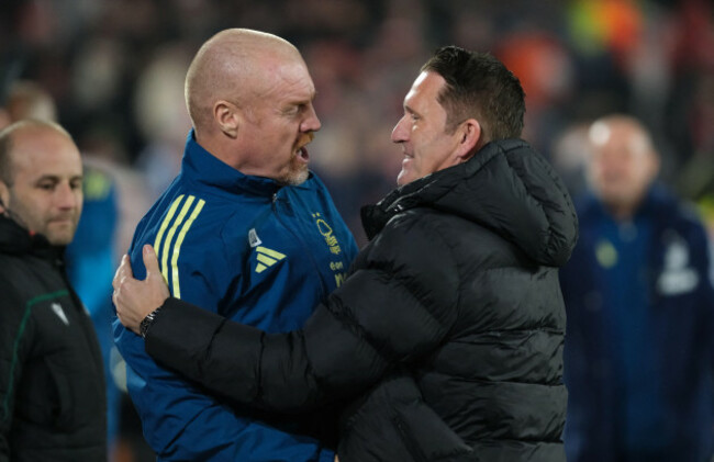 nottingham-uk-29th-jan-2026-nottingham-forest-head-coach-sean-dyche-and-ferencvarosi-tc-head-coach-robbie-keane-prior-to-kick-off-during-the-uefa-europa-league-football-match-between-nottingham-fo