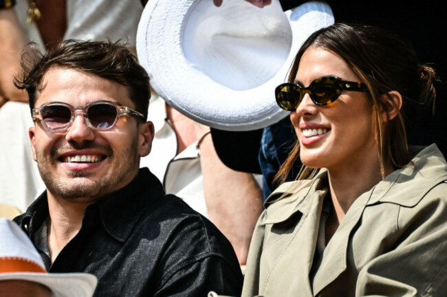 paris-france-08th-june-2025-antoine-dupont-with-iris-mittenaere-during-the-fifteenth-day-of-the-roland-garros-2025-french-open-grand-slam-tennis-tournament-on-08-june-2025-at-roland-garros-stadi