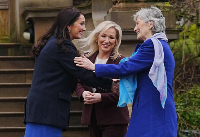deputy-first-minister-emma-little-pengelly-and-first-minister-michelle-oneill-greeting-president-of-ireland-catherine-connolly-at-stormont-castle-belfast-on-day-one-of-her-visit-to-northern-ireland