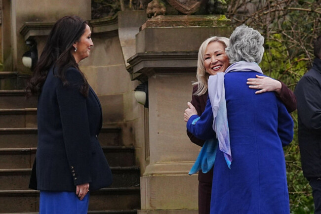 deputy-first-minister-emma-little-pengelly-and-first-minister-michelle-oneill-greeting-president-of-ireland-catherine-connolly-at-stormont-castle-belfast-on-day-one-of-her-visit-to-northern-ireland