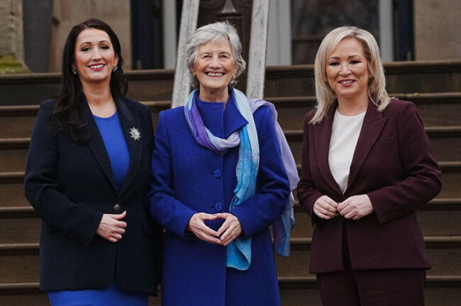 deputy-first-minister-emma-little-pengelly-and-first-minister-michelle-oneill-greeting-president-of-ireland-catherine-connolly-at-stormont-castle-belfast-on-day-one-of-her-visit-to-northern-ireland