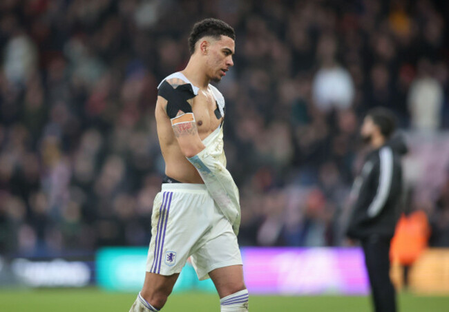 aston-villas-morgan-rogers-takes-his-shirt-off-to-give-to-a-fan-after-the-premier-league-match-at-the-vitality-stadium-bournemouth-picture-date-saturday-february-7-2026