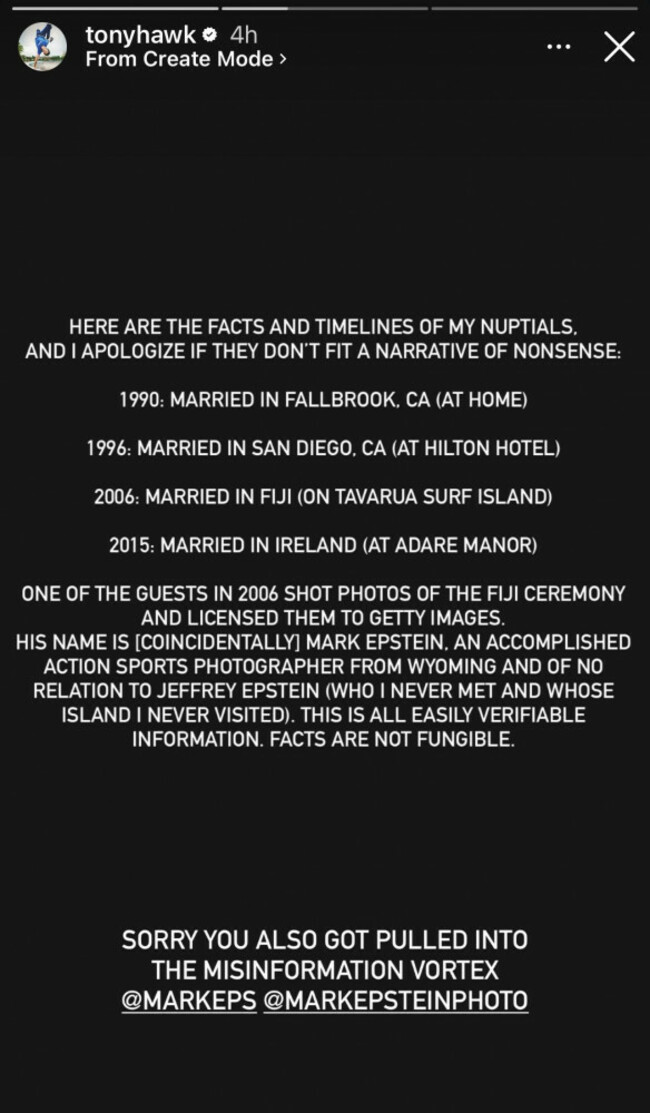 Tony Hawk weddings statement