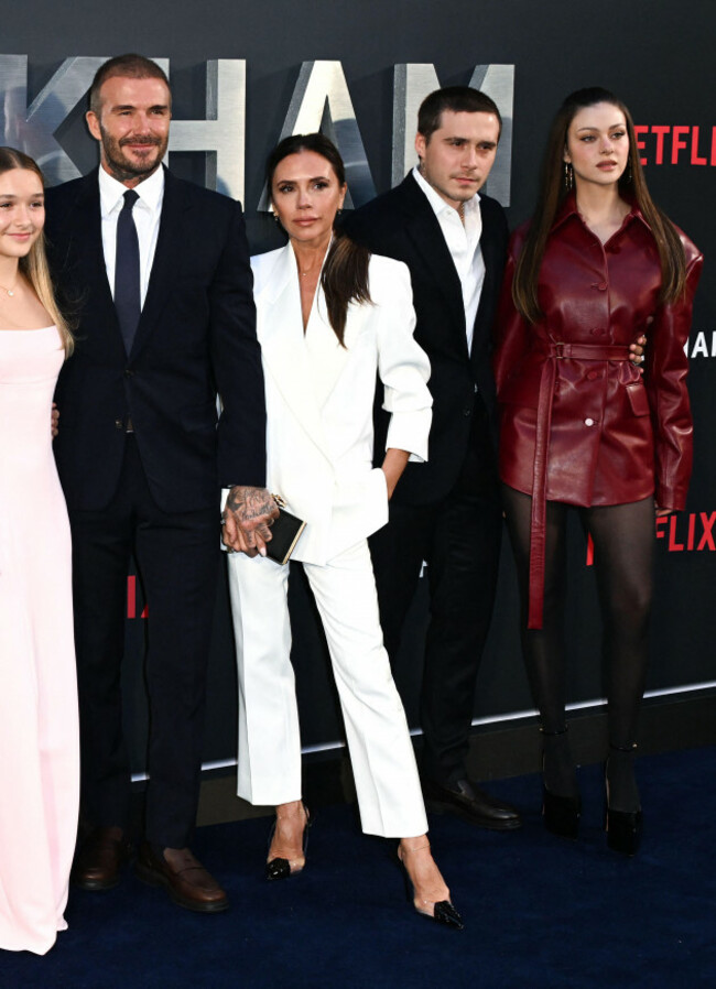 london-uk-october-3rd-2023-david-beckham-victoria-beckham-brooklyn-beckham-and-nicola-peltz-beckham-arriving-at-the-beckham-premiere-curzon-ma