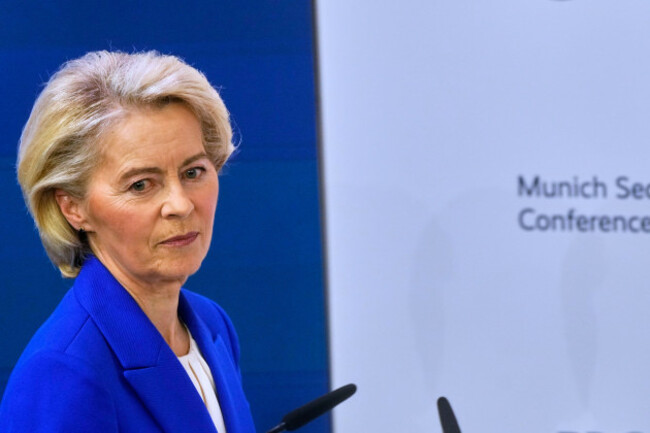 european-commission-president-ursula-von-der-leyen-prepares-to-address-the-audience-during-the-munich-security-conference-in-munich-germany-saturday-feb-14-2026-ap-photomichael-probst