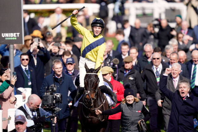 file-photo-dated-14-03-2023-of-michael-osullivan-celebrates-winning-the-sky-bet-supreme-novices-hurdle-with-marine-nationale-alongside-owner-and-trainer-barry-connell-right-on-day-one-of-the-chel