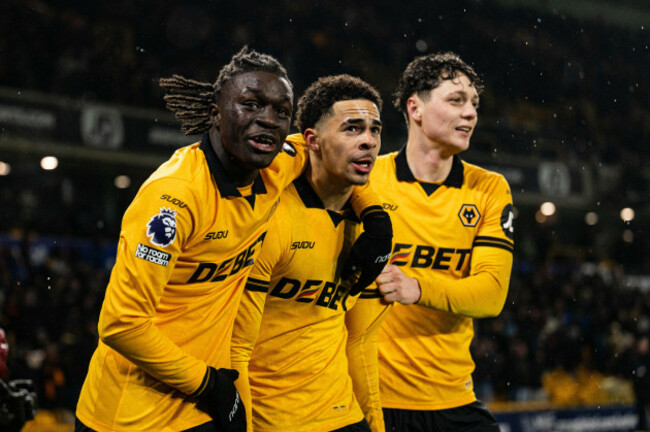18th-february-2026-molineux-stadium-wolverhampton-west-midlands-england-premier-league-football-wolverhampton-wanderers-versus-arsenal-tom-edozie-of-wolverhampton-wanderers-celebrates-with-mate