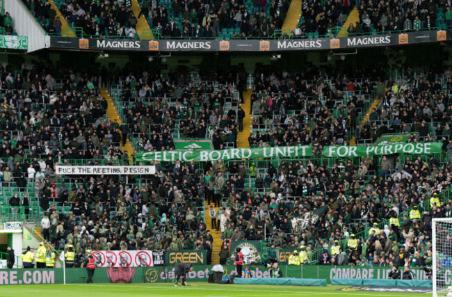 glasgow-scotland-october-05-green-brigade-hold-up-banner-against-the-celtic-board-before-a-william-hill-premiership-match-between-celtic-and-motherwell-at-celtic-park-on-october-05-2025-in-glasg