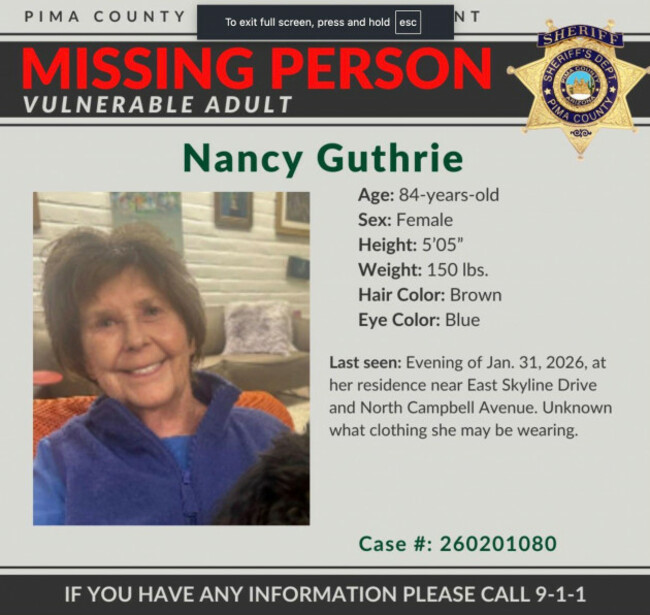 this-image-provided-by-the-pima-county-sheriffs-department-on-monday-feb-2-2026-shows-a-missing-person-alert-for-nancy-guthrie-pima-county-sheriffs-department-via-ap