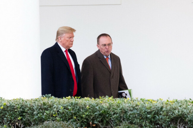 january-13-2020-washington-dc-united-states-president-donald-trump-along-with-mick-mulvaney-acting-white-house-chief-of-staff-walking-towards-the-south-lawn-as-the-president-leaves-the-white-h