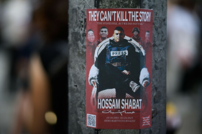 a-sticker-depicting-palestinian-journalist-hossam-shabat-who-was-killed-by-an-isreali-airstrike-on-march-24th-2025-seen-during-a-pro-palestine-protest-outside-the-newscorp-headquarters-in-new-york-ci
