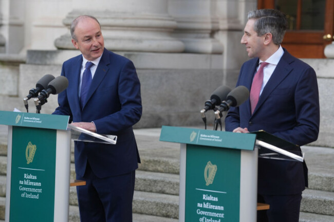 taoiseach-micheal-martin-and-tanaiste-simon-harris-at-the-launch-the-accelerating-infrastructure-report-and-action-plan-at-the-government-buildings-in-dublin-picture-date-wednesday-december-3-20