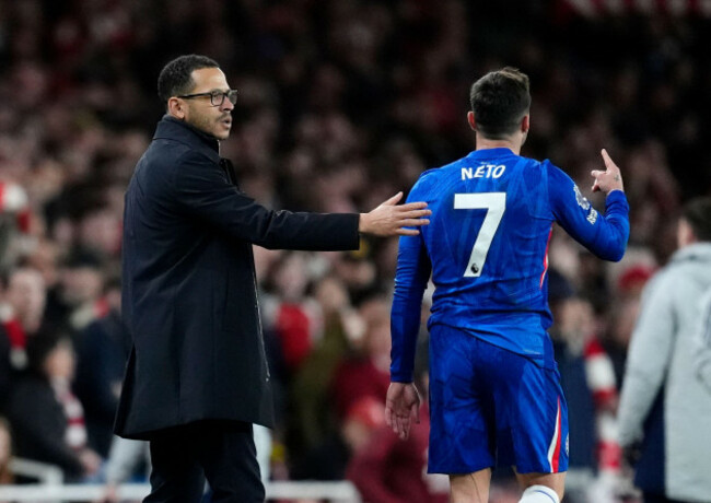 chelsea-manager-liam-rosenior-left-consoles-pedro-neto-following-his-red-card-after-he-received-his-second-yellow-card-during-the-premier-league-match-at-the-emirates-stadium-london-picture-date