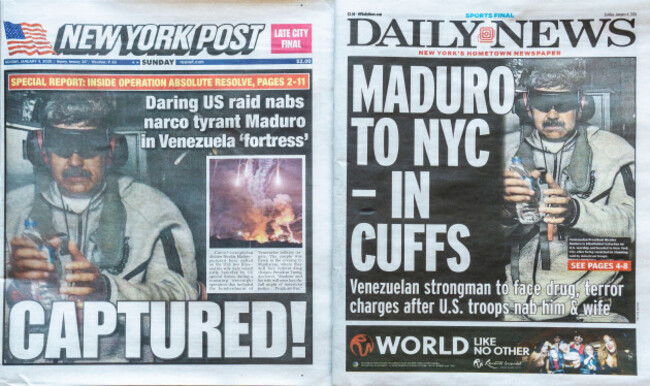 headlines-of-the-new-york-post-and-the-new-york-daily-news-newspapers-on-sunday-january-4-2026-report-on-u-s-raid-on-venezuela-early-saturday-capturing-venezuelan-president-nicolas-maduro