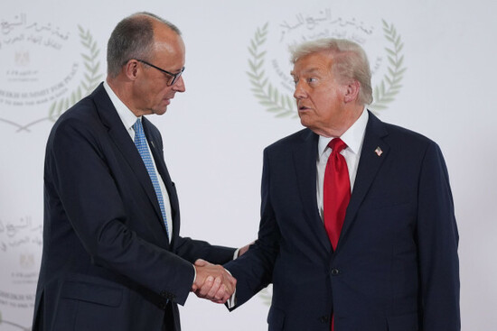 president-donald-trump-greets-germanys-chancellor-friedrich-merz-during-summit-to-support-ending-the-more-than-two-year-israel-hamas-war-in-gaza-after-a-breakthrough-ceasefire-deal-monday-oct-13