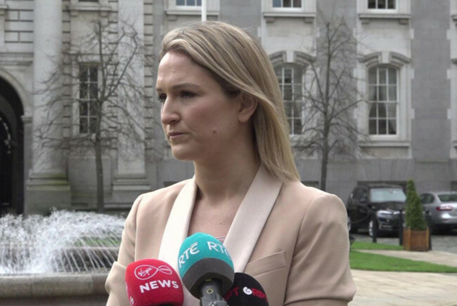 screen-grab-from-a-pa-video-of-minister-for-foreign-affairs-helen-mcentee-speaking-to-the-media-outside-government-buildings-in-dublin-picture-date-monday-march-2-2026