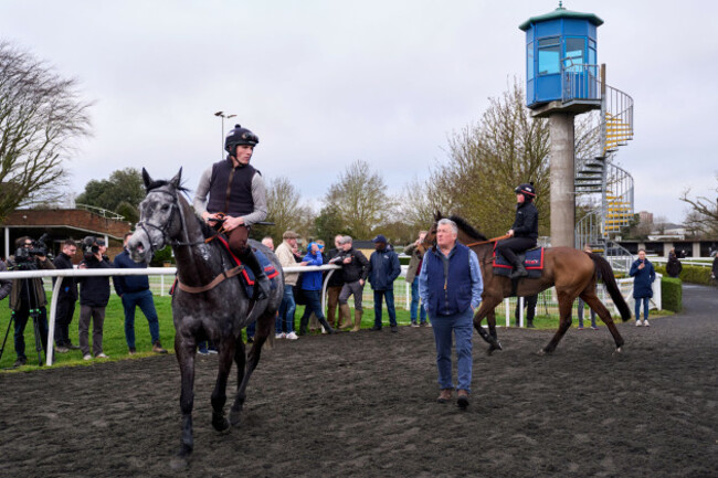 no-drama-this-end-left-ridden-by-peter-bowen-next-to-trainer-paul-nicholls-centre-during-a-gallops-morning-at-kempton-park-racecourse-sunbury-on-thames-picture-date-tuesday-february-24-2026