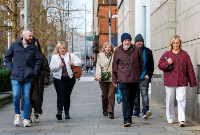 the-family-of-natalie-mcnally-niall-mcnally-left-bernie-mcnally-third-left-noel-mcnally-fourth-left-and-brendan-mcnally-fifth-left-outside-belfast-crown-court-for-trial-for-stephen-mccullag