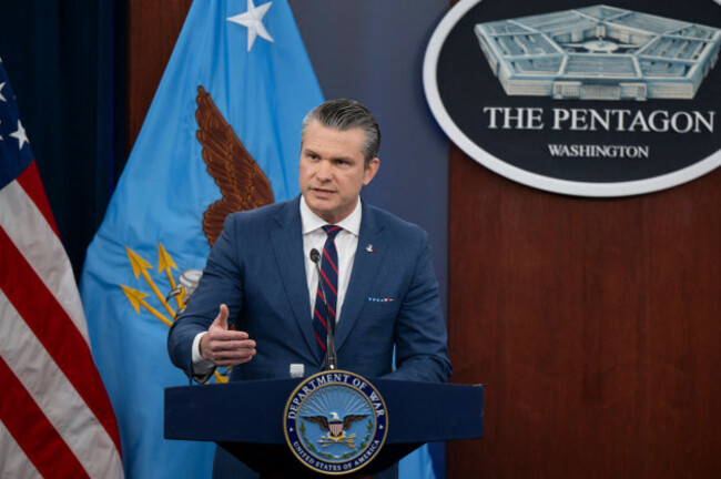 secretary-of-war-pete-hegseth-and-chairman-of-the-joint-chiefs-of-staff-u-s-air-force-gen-dan-caine-conduct-a-press-briefing-on-operation-epic-fury-at-the-pentagon-washington-d-c-march-2-2026