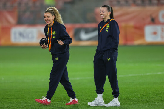 leanne-kiernan-and-abbie-larkin-inspect-the-pitch-ahead-of-the-match