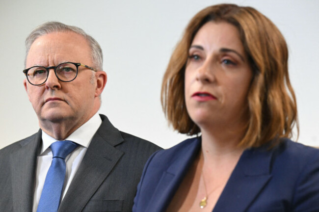canberra-australia-11th-dec-2025-australian-prime-minister-anthony-albanese-and-australian-communications-minister-anika-wells-arrive-to-speak-to-the-media-during-a-visit-to-st-john-paul-ii-colleg