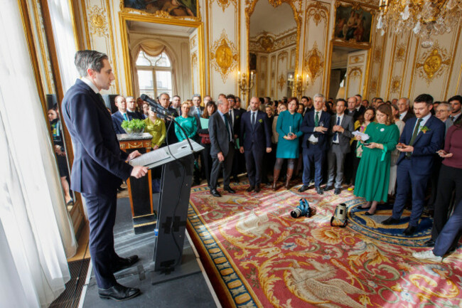 tanaiste-and-finance-minister-simon-harris-speaking-during-a-st-patricks-day-political-reception-at-the-embassy-of-ireland-in-paris-during-his-visit-to-france-picture-date-wednesday-march-11-202