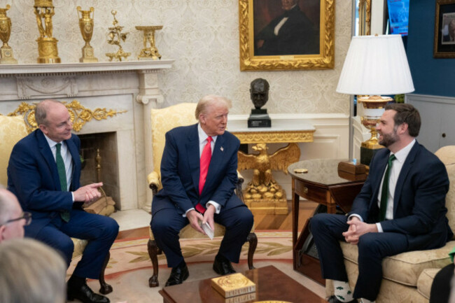 washington-united-states-12th-mar-2025-u-s-president-donald-trump-center-and-irish-prime-minister-micheal-martin-left-joke-with-vice-president-jd-vance-about-his-shamrock-socks-during-the-trad