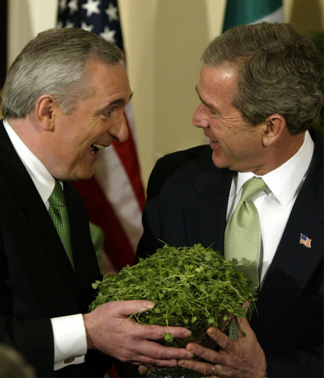 krt-us-news-story-slugged-bush-krt-photo-by-chuck-kennedykrt-march-13-washington-president-george-w-bush-receives-a-bowl-of-shamrocks-from-ireland-prime-minister-bertie-ahern-in-honor-of-st-p