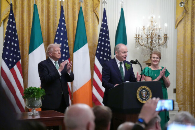 taoiseach-micheal-martin-centre-and-his-wife-mary-oshea-with-us-president-donald-trump-during-the-st-patricks-day-reception-shamrock-ceremony-at-the-white-house-in-washington-dc-as-part-of-a-vi
