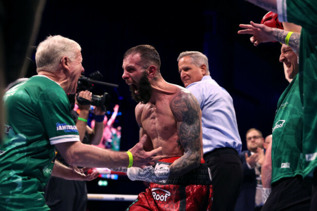 anthony-cacace-centre-celebrates-victory-against-james-jazza-dickens-following-the-super-feather-weight-bout-at-the-3arena-in-dublin-ireland-picture-date-saturday-march-14-2026