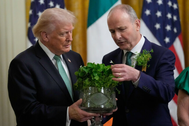 irelands-prime-minister-micheal-martin-presents-president-donald-trump-with-a-bowl-of-shamrocks-during-a-st-patricks-day-event-in-the-east-room-of-the-white-house-tuesday-march-17-2026-in-washi